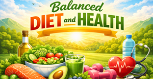 Balanced diet and health concept showing fresh fruits, vegetables, lean protein, healthy fats, hydration, fitness, and heart wellness