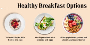 Healthy Lifestyle Explained: Simple Steps to Transform Your Body, Mind, and Life Healthy breakfast options displayed with oatmeal topped with berries and nuts, whole grain toast with avocado and eggs, and Greek yogurt with granola, bananas, and berries.