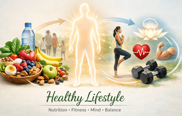 Healthy Lifestyle Explained: Simple Steps to Transform Your Body, Mind, and Life Illustration showing a healthy lifestyle with balanced nutrition, fitness activities, mental wellness, and family health habits