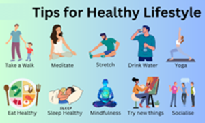 Healthy Lifestyle Explained: Simple Steps to Transform Your Body, Mind, and Life Illustrated tips for a healthy lifestyle showing activities like walking, meditation, stretching, drinking water, yoga, healthy eating, good sleep, mindfulness, trying new things, and socializing.
