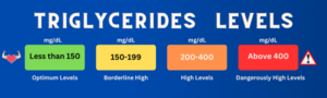 Triglycerides levels chart showing ranges in mg/dL, from less than 150 (optimal) to above 400 (dangerously high).