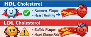 Comparison image showing HDL cholesterol at the top helping remove plaque and protect heart health, and LDL cholesterol at the bottom building plaque and increasing heart disease risk.