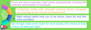 Infographic showing key tips to stay fit, including starting exercise slowly, combining cardio and strength training, building healthy eating habits, and getting at least 7 hours of sleep daily.