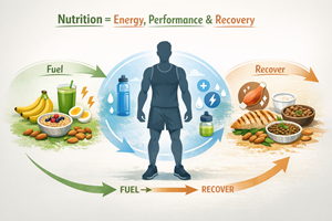 Infographic showing how nutrition supports energy, workout performance, and recovery with healthy foods, hydration, and muscle repair around a fit human silhouette.