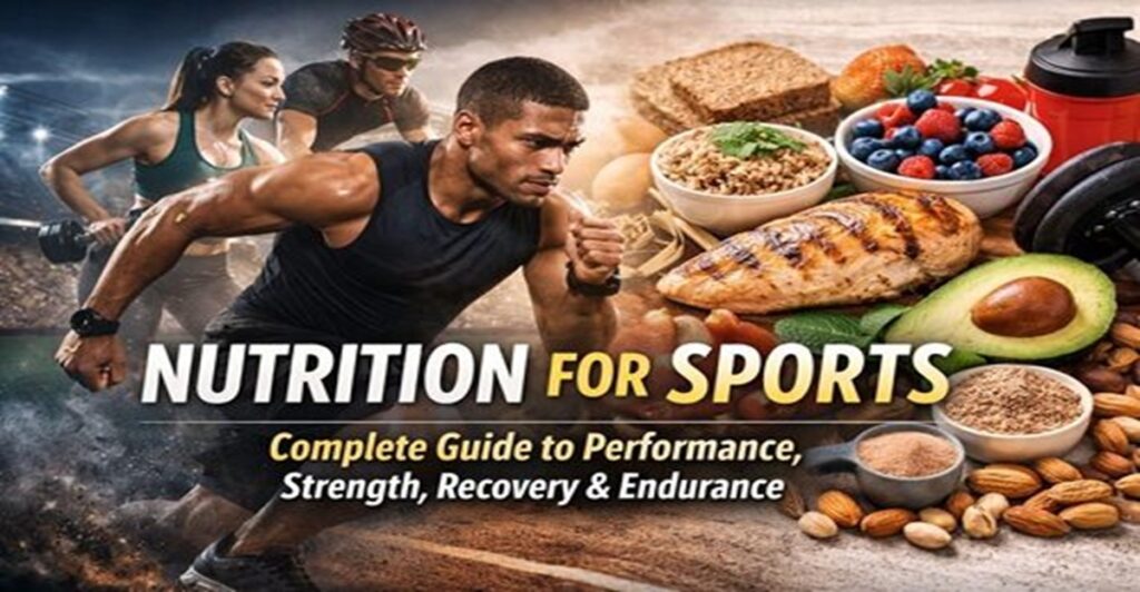 Nutrition for Sports & Exercise: Fueling Workouts, Recovery, and Muscle Growth Nutrition for Sports featured image showing athletes training alongside healthy foods like fruits, grains, protein, nuts, and healthy fats for performance and recovery