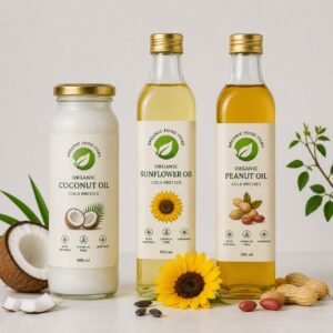 Organic cold pressed coconut oil, sunflower oil, and peanut oil in branded bottles and jars by Organic Food Items on a clean white background.