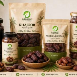 Premium Khajoor (Dates) in jars and resealable pouches by Organic Food Items featuring Ajwa, Medjool, Kimia, Kalmi, and Sukkari dates.