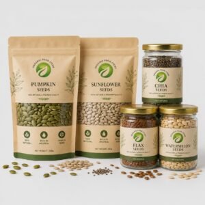 Premium organic seed collection featuring pumpkin seeds, sunflower seeds, chia seeds, flax seeds, and watermelon seeds in branded pouches and glass jars by Organic Food Items.