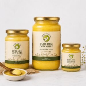 Pure Desi Cow Ghee in 250 ml, 500 ml, and 1 litre glass jars with Organic Food Items branding on a clean white background.