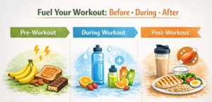 Infographic showing what to eat before, during, and after a workout, including bananas and toast pre-workout, hydration and quick carbs during exercise, and protein-rich foods for post-workout recovery.