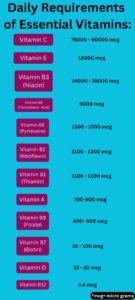 Vitamins and Minerals: Importance, Benefits, Daily Requirements & Food Sources Daily requirements of essential vitamins chart showing recommended intake of Vitamin A, B-complex, C, D, E and B12 in micrograms