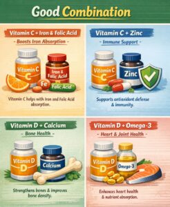 Vitamins and Minerals: Importance, Benefits, Daily Requirements & Food Sources Infographic showing good vitamin combinations including Vitamin C with Iron and Folic Acid, Vitamin C with Zinc, Vitamin D with Calcium, and Vitamin D with Omega 3.