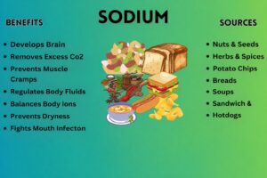 Infographic explaining sodium benefits and common food sources like bread, soups, chips, nuts, seeds, and processed foods.