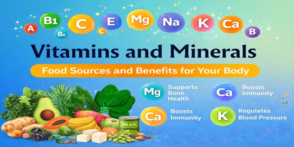 Vitamins and Minerals: Importance, Benefits, Daily Requirements & Food Sources Colorful feature image showing vitamins and minerals like Vitamin A, B, C, E, Magnesium, Calcium, Potassium, and Sodium with healthy food sources and health benefits for the body.
