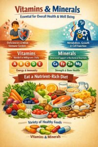 Vitamins and Minerals: Importance, Benefits, Daily Requirements & Food Sources Illustration showing the importance of vitamins and minerals for overall health, metabolism, immunity, growth, and body functions through nutrient-rich foods.