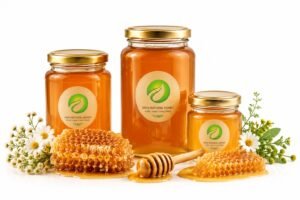 Home Premium natural honey in glass jars with fresh honeycomb, honey dipper, and wildflowers by Organic Food Items.